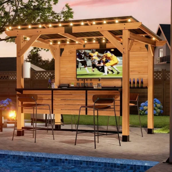 TimberCraft Cedar Outdoor Bar Gazebo with Steel Roof & TV Mount